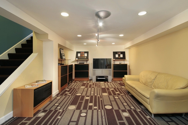living room set up on a basement depicting basement air conditioner