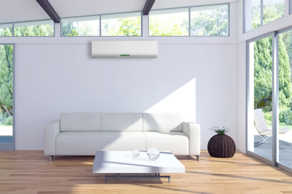 living room with ductless air conditioner depicting space saving