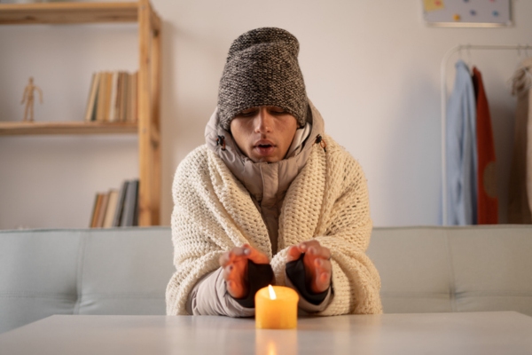 man warming hands over candle light due to heating problems at home